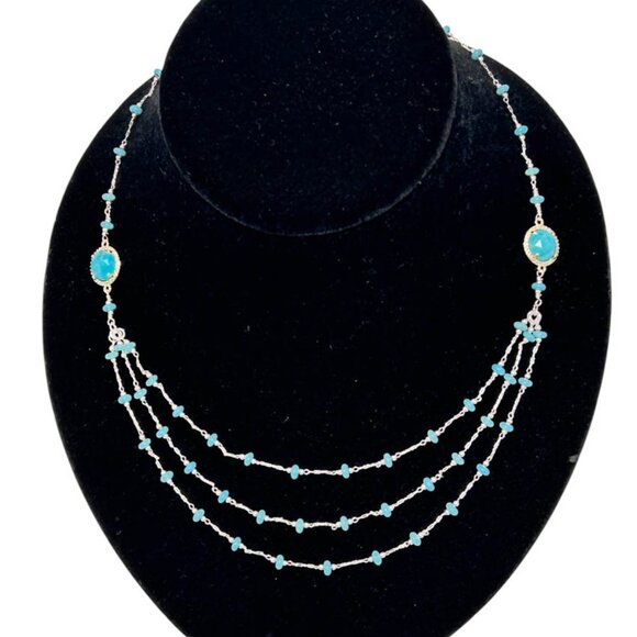 Three Strands Natural Turquoise, And Sterling Silver Necklace - Picture 1 of 4